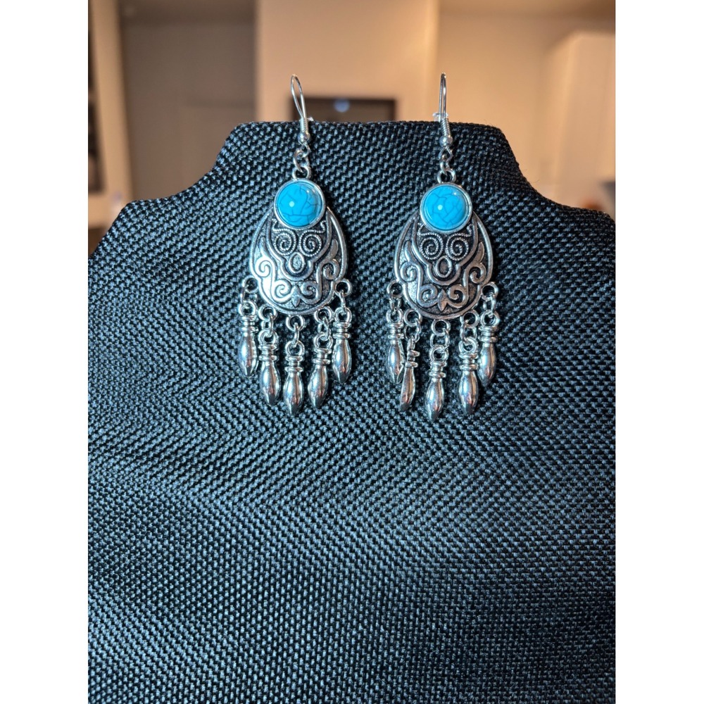 Boho Silver Filigree Turquoise Chandelier Earrings Southwestern Tribal Dangle